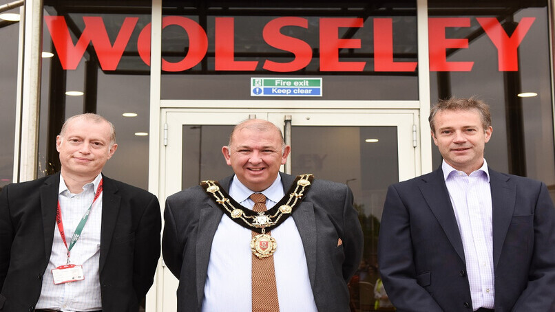 L - R is:  Head of office and Finance director Mark Stibbards, The Mayor of Ripon Councillor Eamon Parkin and Wolseley UK CEO, Simon Oakland.