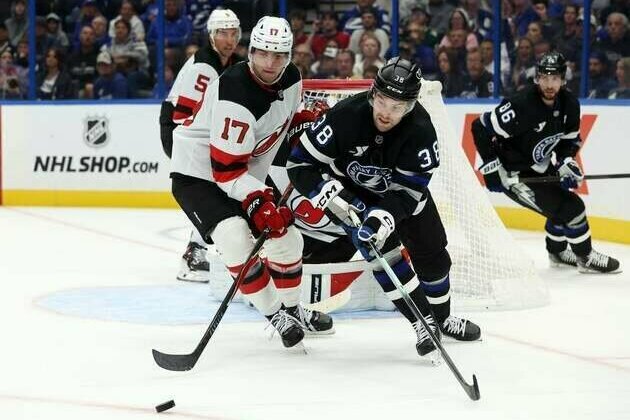Devils get 2 goals from Connor Brown to earn first win vs. Lightning