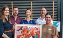 Jemima Pryor (left), Simon Schmid, Annika Turnbull, James Koerting and Tara Schmidt with one of the artworks.