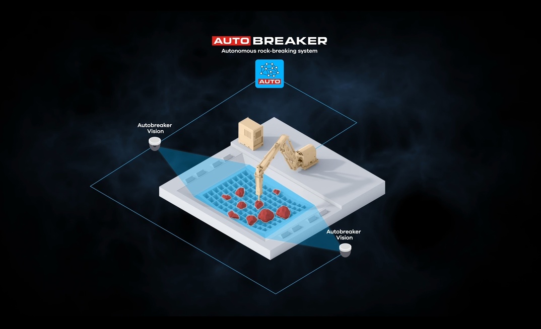 The Xrock Autobreaker system automatically identifies oversized boulders, plans strike positions and executes breakage sequences autonomously