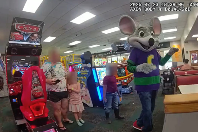 Chuck E.s a little bit busy, maam- BWC shows arrest of Fla. man in mascot costume during shift