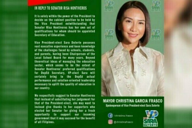 Sara to uplift quality of education, spox tells Hontiveros