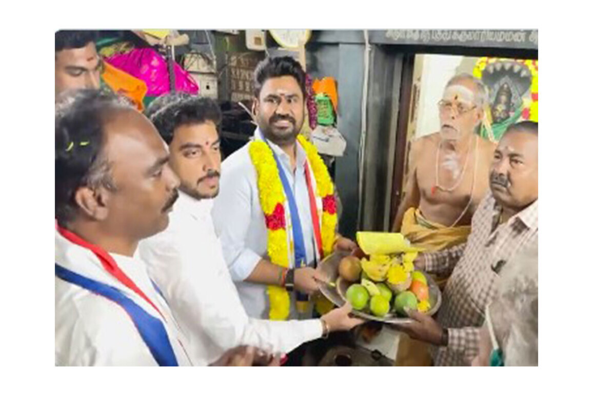 Puducherry: Latchiya Jananayaga Katchi founder Jose Charles Martin performs temple puja with party symbol "Watermelon"