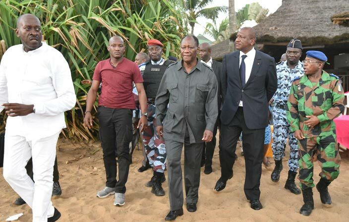  vorian president lassane uattara  visits the beach resort of randassam after gunmen went on a shooting rampage in three hotels on arch 13 2016 ourteen civilians and two soldiers were killed in the attack resident lassane uattara said   