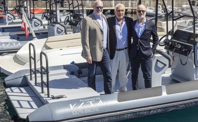 Bernard d’Alessandri, general secretary and managing director of the Yacht Club de Monaco (centre), with Leif Stavøstrand, founder of Evoy (left) and Stewart Wilkinson, founder of Vita (right) at the Yacht Club de Monaco - Credit: Vita