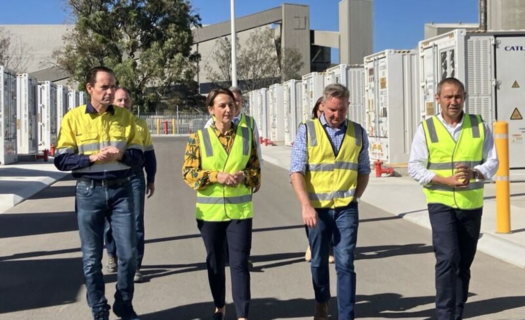 Synergy's Acting CEO Kurt Baker (right) giving (L-R) WA Minister for Energy and Decarbonisation Amber-Jade Sanderson, federal minister for Climate Change and Energy Chris Bowen and , WA Premier Roger Cook a tour of Synergy's Kwinana Battery Energy Storage System Stage 2