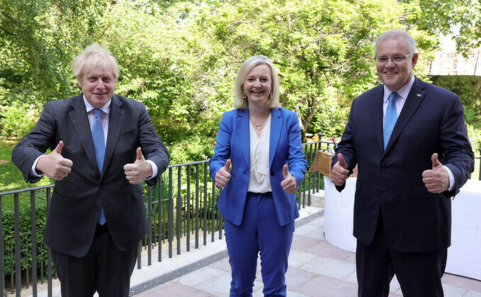 Boris Johnson and Liz Truss met with then-Australian PM Scott Morrison in 2021 to finalise the trade deal | Credit: Andrew Parsons / No 10 Downing Street