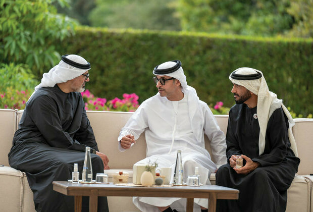 Hazza bin Zayed receives Khaled bin Mohamed bin Zayed at Al Maqam Palace in Al Ain Region