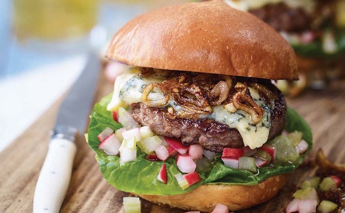 Blue cheese beef burger with a celery and radish salsa and caramelised shallots