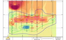 A screenshot from Micromine 2020 showing a section of drill holes with assays as well as grade shells made from grade implicit modelling