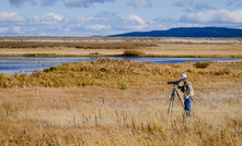 A man in a work vest surveys a lake. 