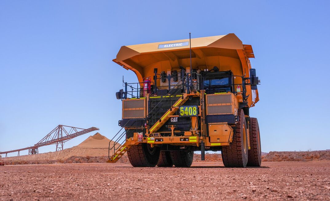 One of the two Caterpillar 793 XE Early Learner battery-electric trucks at Jimblebar.