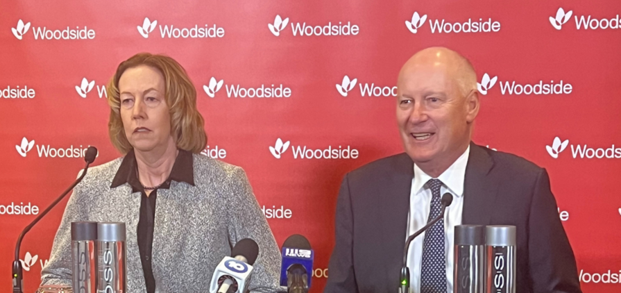 Woodside CEO Meg O'Neill and Chair Richard Goyder face media scrutiny at last year's fiery AGM in Perth.