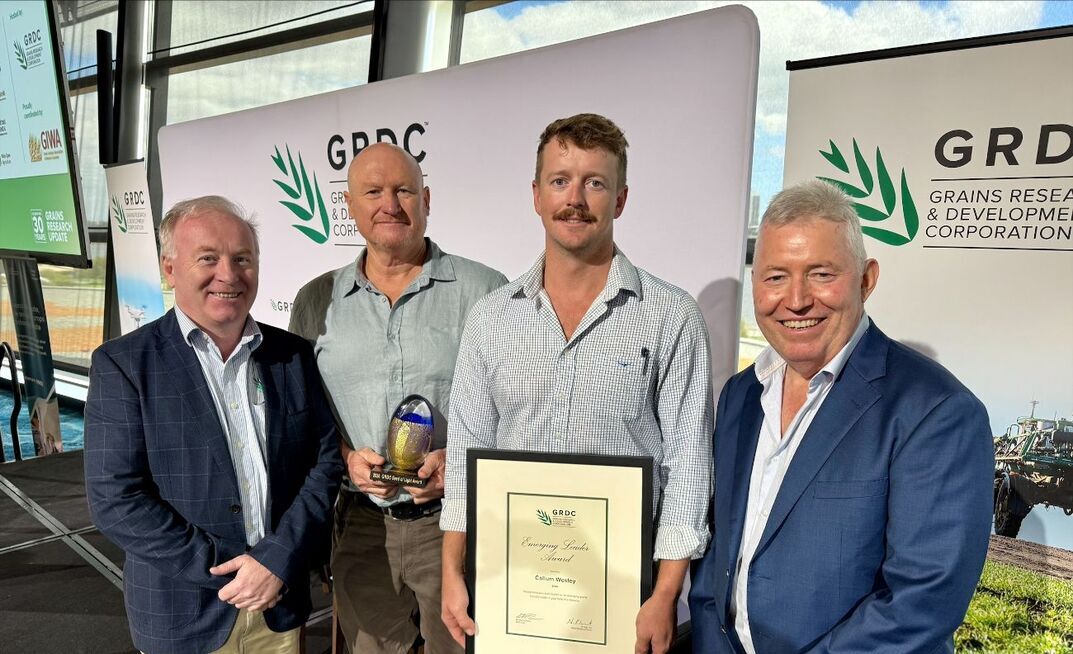 The GRDC western region panel awards were presented in Perth on Monday. Pictured (from left to right) is GRDC senior regional manager – west, Peter Bird, award winners Dr Ron Yates and Callum Wesley, and GRDC western panel chair, Gary Lang. 