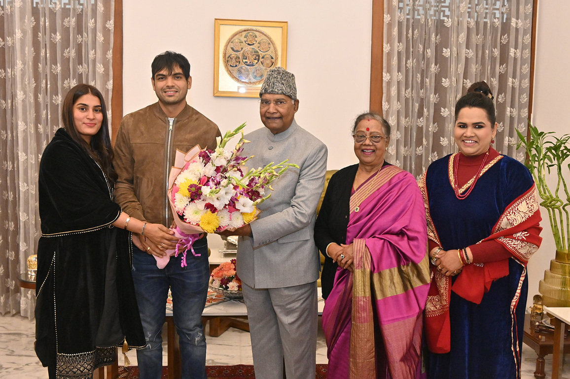 Neeraj Chopra, his wife Himani pay courtesy visit to former president Ram Nath Kovind