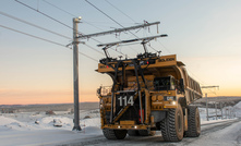 A Cat 795 AC mining truck on trolley at Boliden's Aitik mine in Sweden