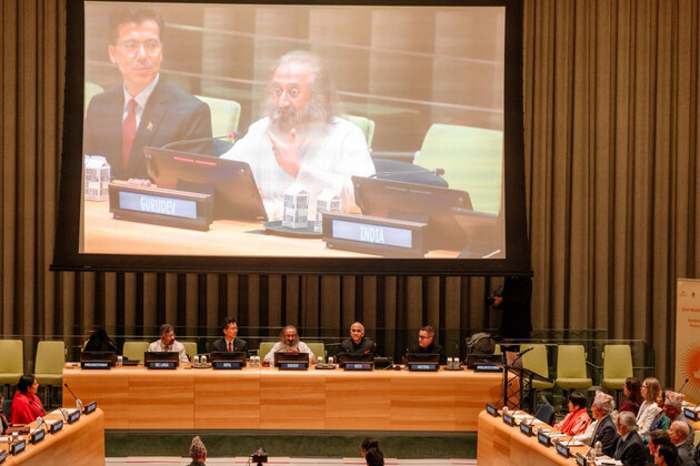 "Today, we are living in circumstances that are no less than a war zone," says Gurudev Sri Sri Ravi Shankar at United Nations, calls for meditation to restore inner peace