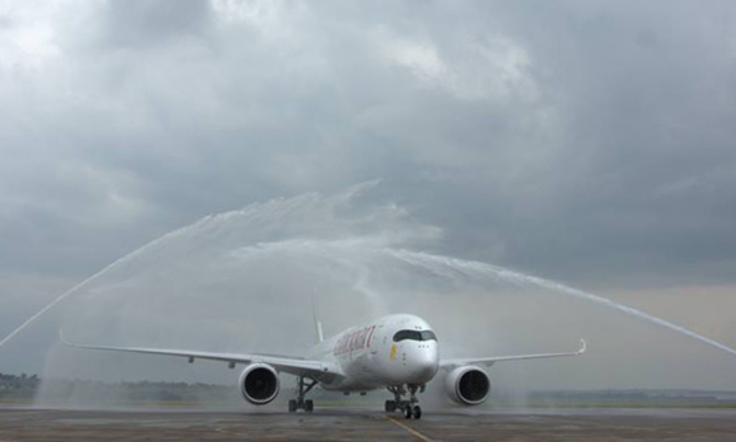 Ethiopian A350XWB 'Siemens' receives water salutes Ethiopian A350XWB 'Siemens' receives water salutes
