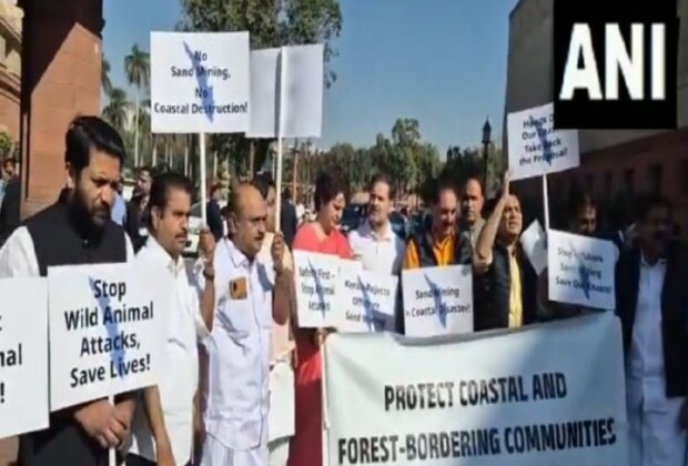 Congress MPs stage protest over protection of coastal, forest-bordering communities of Kerala in Parliament complex