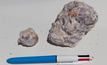 A rock specimen containing lepidolite in pegmatite recoverd by Kalamazoo's field team.