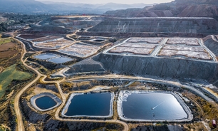Leaching heaps and storage reservoirs at copper ore processing plant in Cyprus.