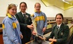 Roshan Doherty (St Hilda's), Kate Kang (MLC), Amy Boyd (St Hilda's) and Jaime Dunn (MLC) building a prosthetic limb.