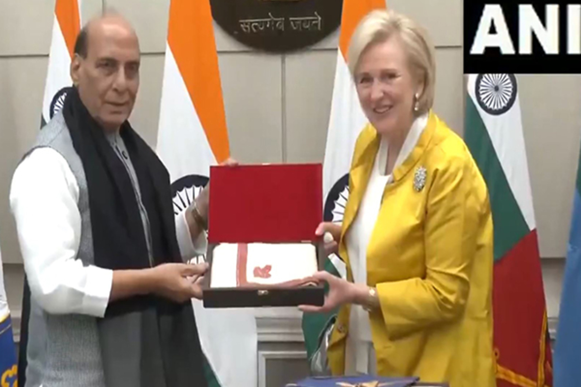 Union Defence Minister Rajnath Singh meets Princess Astrid of Belgium