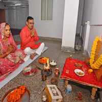 Rajasthan CM Bhajanlal Sharma lights lamp at his residence during Diwali