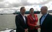 Then-Santos CEO David Knox, Qld Premier Annastacia Palaszczuk and Santos chairman Peter Coates with the Seri Bakti taking GLNG's first cargo to Asia.