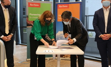  Rio Tinto Australia chief executive Kellie Parker and  Sumitomo Australia Director of Mineral Resources & Energy Kenji Suzuki sign a letter of intent in Brisbane