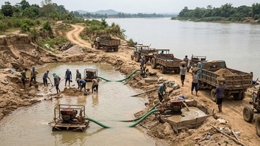 Mineração ilegal de areia em rio (imagem gerada por IA)