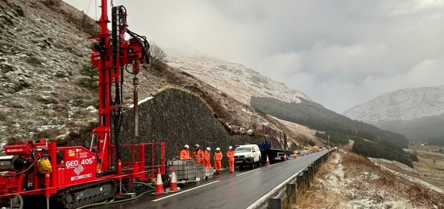 Structural Soils will be drilling angled boreholes on slopes up to 60 degrees situated as far as 60m from the carriageway to depths of 35m as part of the investigation work on the A83 Rest And Be Thankful