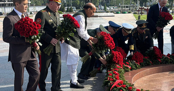 Defence Minister Rajnath Singh pays tribute to fallen heroes at Victory Square in Bishkek