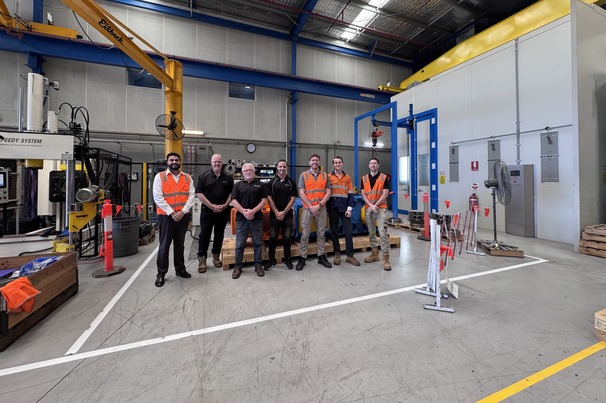 Steve Lewry and Adam Lees (Ontrak Engineering) pictured with Justin Towel and Harry Singh (Bonfiglioli), as well as members of HMA Group during the FAT at Bonfiglioli’s factory in Sydney