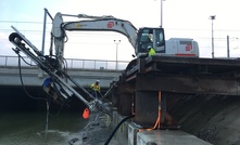  A KLEMM KA 162 equipped with the KD 1215R hydraulic drifter mounted on an excavator being used on the Albert Canal, Belgium