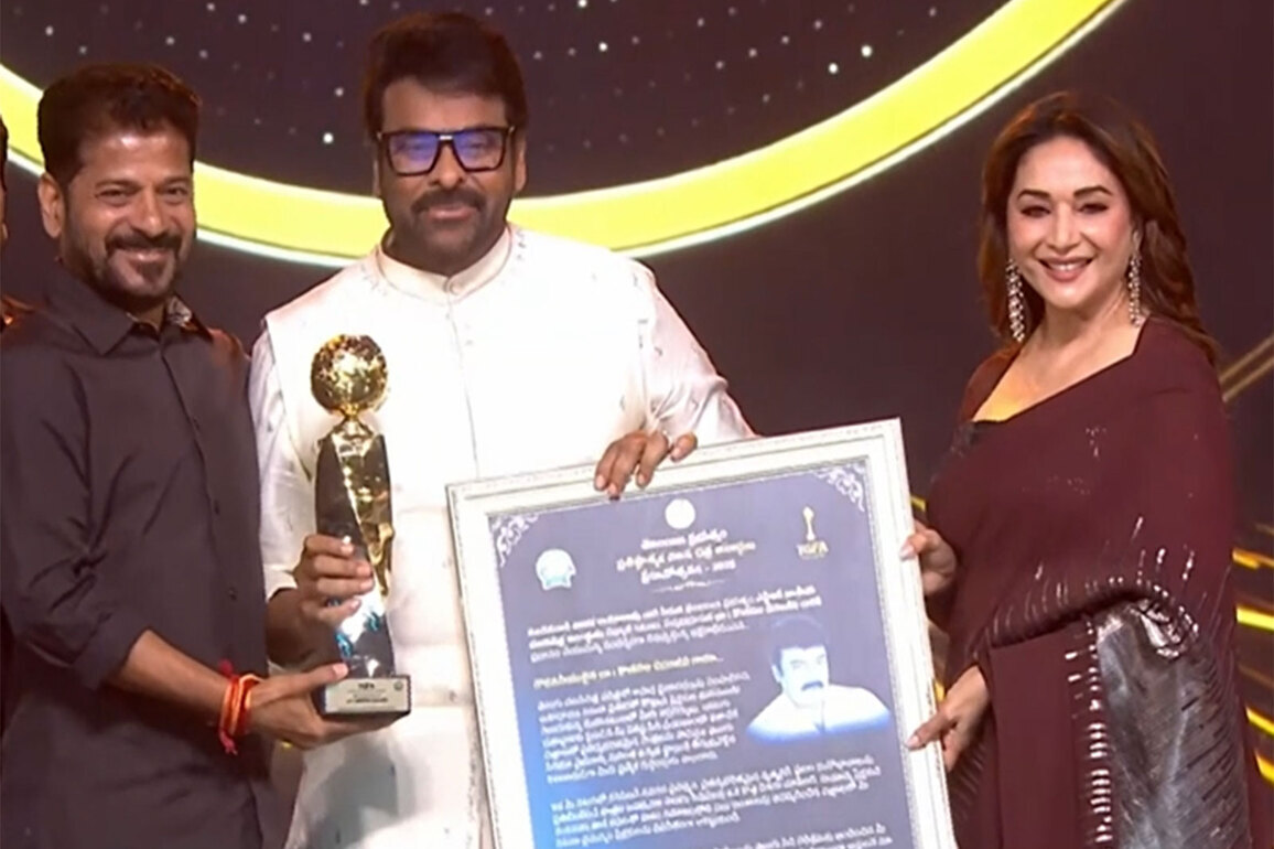 Madhuri Dixit presents NTR National Award to Chiranjeevi at Gaddar Awards