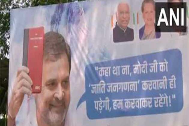 Posters of Rahul Gandhi put outside Congress's office after caste census included by Centre