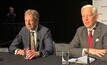  Rio Tinto CEO Jakob Stausholm (left) and chairman Dominic Barton speaking in Perth
