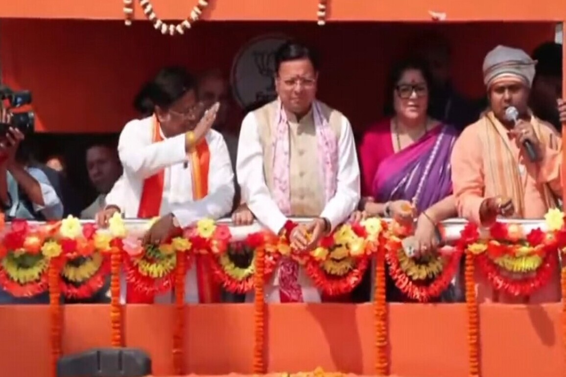 Uttarakhand CM Dhami participates in 'Parivartan Yatra' in North 24 Parganas ahead of West Bengal polls