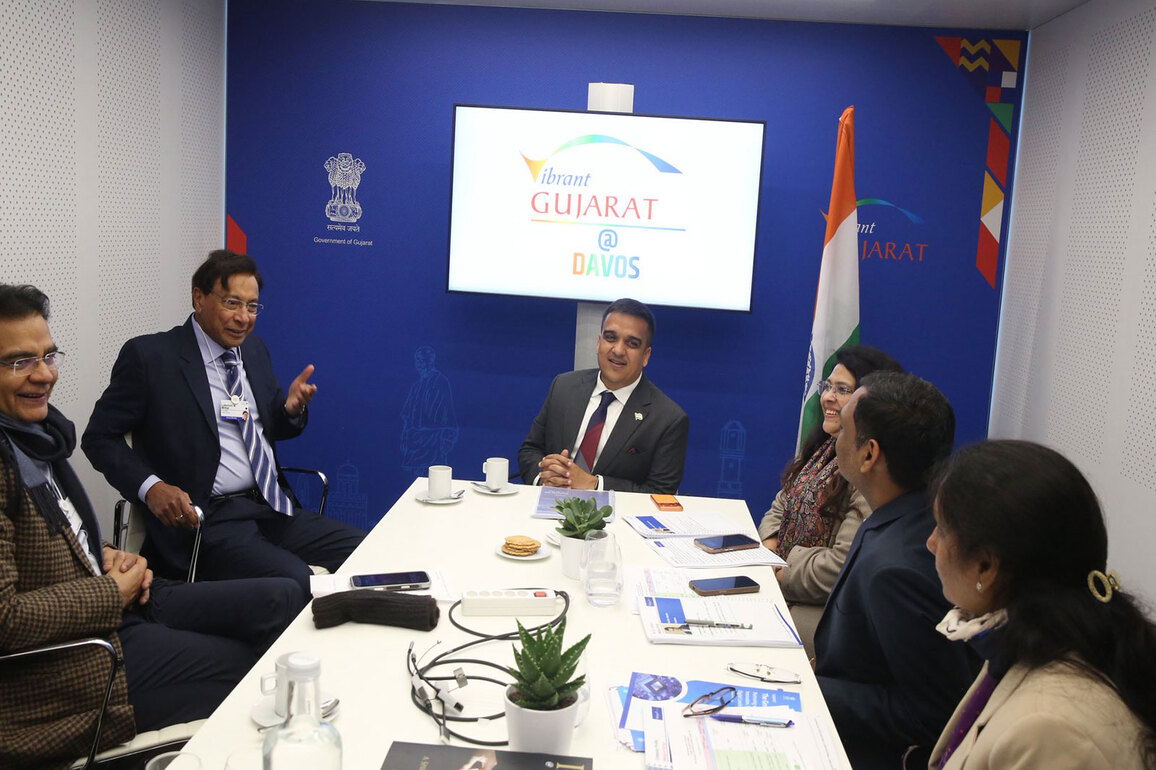 Gujarat Dy CM Harsh Sanghavi meets Wellspun's Balkrishan Goenka, ArcelorMittal's Lakshmi Mittal at Davos