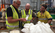  APC Director Rhett Brans, Novopro Chemical Engineer Mike Morrison and Bureau Veritas Senior Metallurgist Jeremy Neal handle a sample of 98% pure K2SO4 produced at the pilot processing plant.