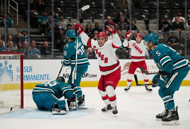 Seth Jarvis scores twice, helps 'Canes rally past Sharks