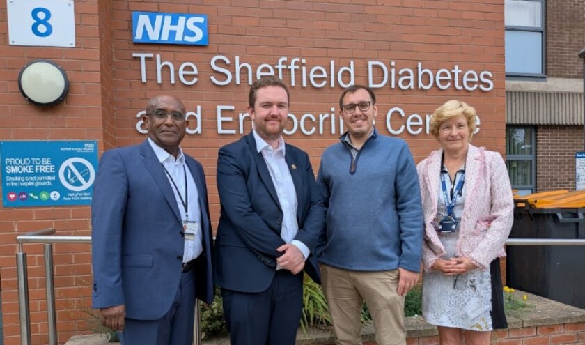 Professor Solomon Tesfaye, Alex McIntyre MP, Tom Gordon MP and Dr Jackie Elliott outside the Diabetes and Endocrine Centre at the Northern General Hospital (c) Sheffield Teaching Hospitals NHS Foundation Trust