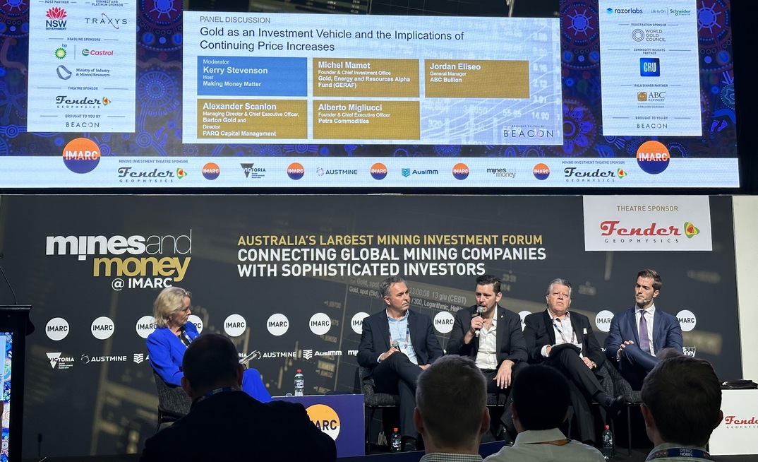 [Left-to-right] Kerry Stevenson, Michel Mamet, Jordan Eliseo, Alex Scanlon, and Alberto Migliucci speak on a gold panel at IMARC