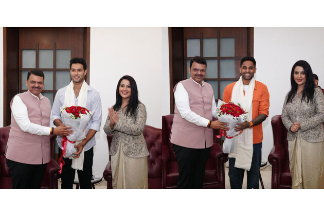 Maharashtra CM Fadnavis felicitates T20 WC winners Suryakumar, Dube