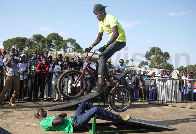 atrick abitk flies over a fan as he displayed some of his skills hoto by avid amunyala