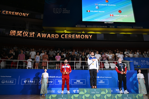 (SP)CHINA-CHENGDU-THE WORLD GAMES 2025-KICKBOXING-MEN'S POINT FIGHTING -84KG-VICTORY CEREMONY (CN)