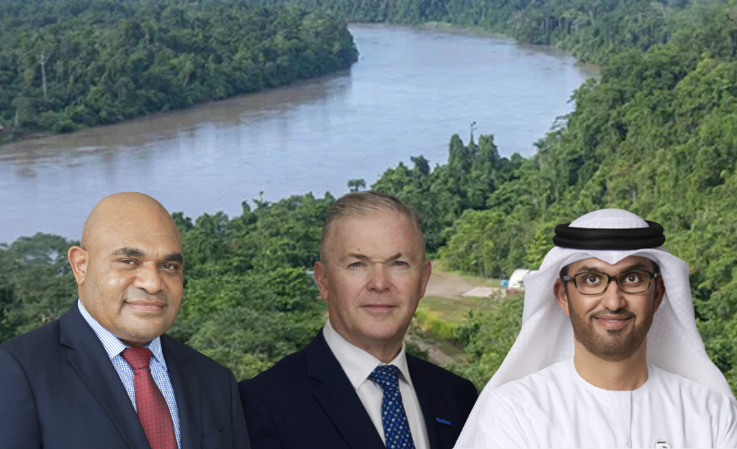 Political turmoil and LNG uncertainty in PNG loom large over ADNOC’s bid for Santos.** *Pictured: Kumul Petroleum’s James Marape, Santos CEO Kevin Gallagher and ADNOC’s Dr Sultan Al Jaber.