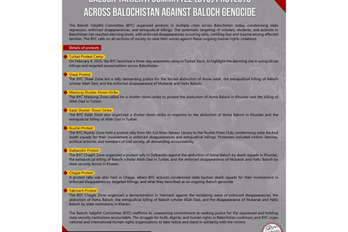 Pak: BYC protests across Balochistan against state repression, Baloch genocide