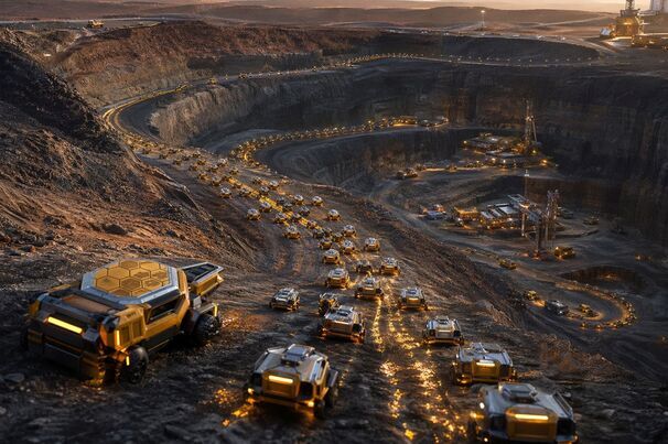 Ilustração gerada por IA do conceito de mineração com enxame de robôs
